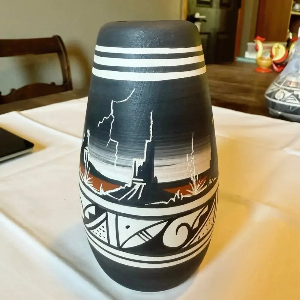 Navajo Pottery Bud Vase • Signed Adakai • Mesa & Lightning • 6”